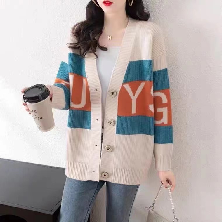 新款秋針織開衫毛衣外套女裝寬鬆慵懶風字母刺繡拼色外搭