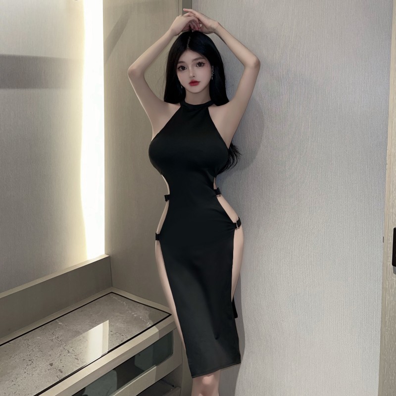 實拍~歐美辣妹性感開叉純色修身包臀無袖連衣裙女