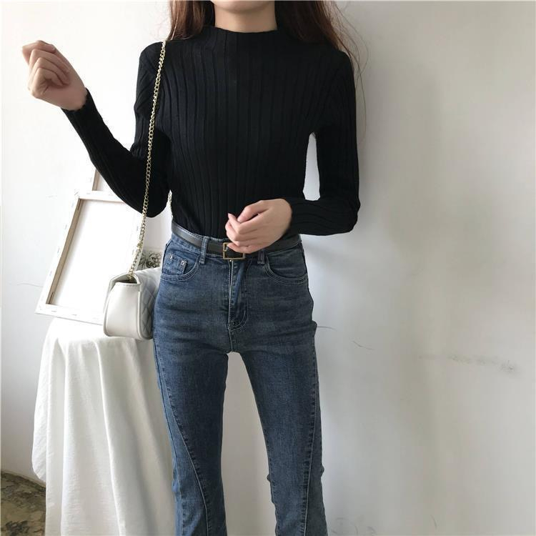早秋季2023新款別致顯瘦內搭打底針織衫半高領坑條獨特長袖上衣女