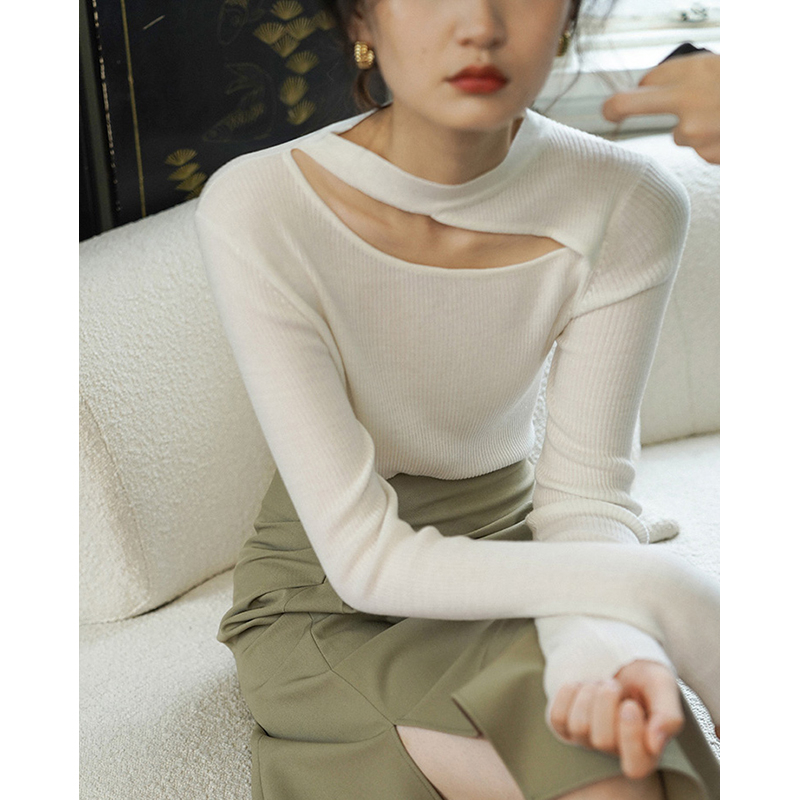 秋冬法式白色鏤空針織打底衫女設計感小眾內搭洋氣毛衣露鎖骨上衣