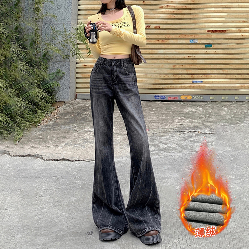 實拍美式復古高腰辣妹闊腿褲百搭喇叭褲垂感拖地牛仔褲女常規薄絨
