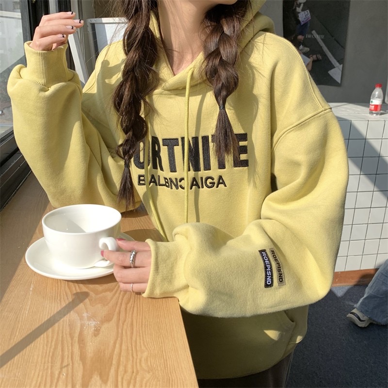 杏色連帽衛衣加絨女秋冬新款2023小個子寬鬆休閒美式復古長袖上衣