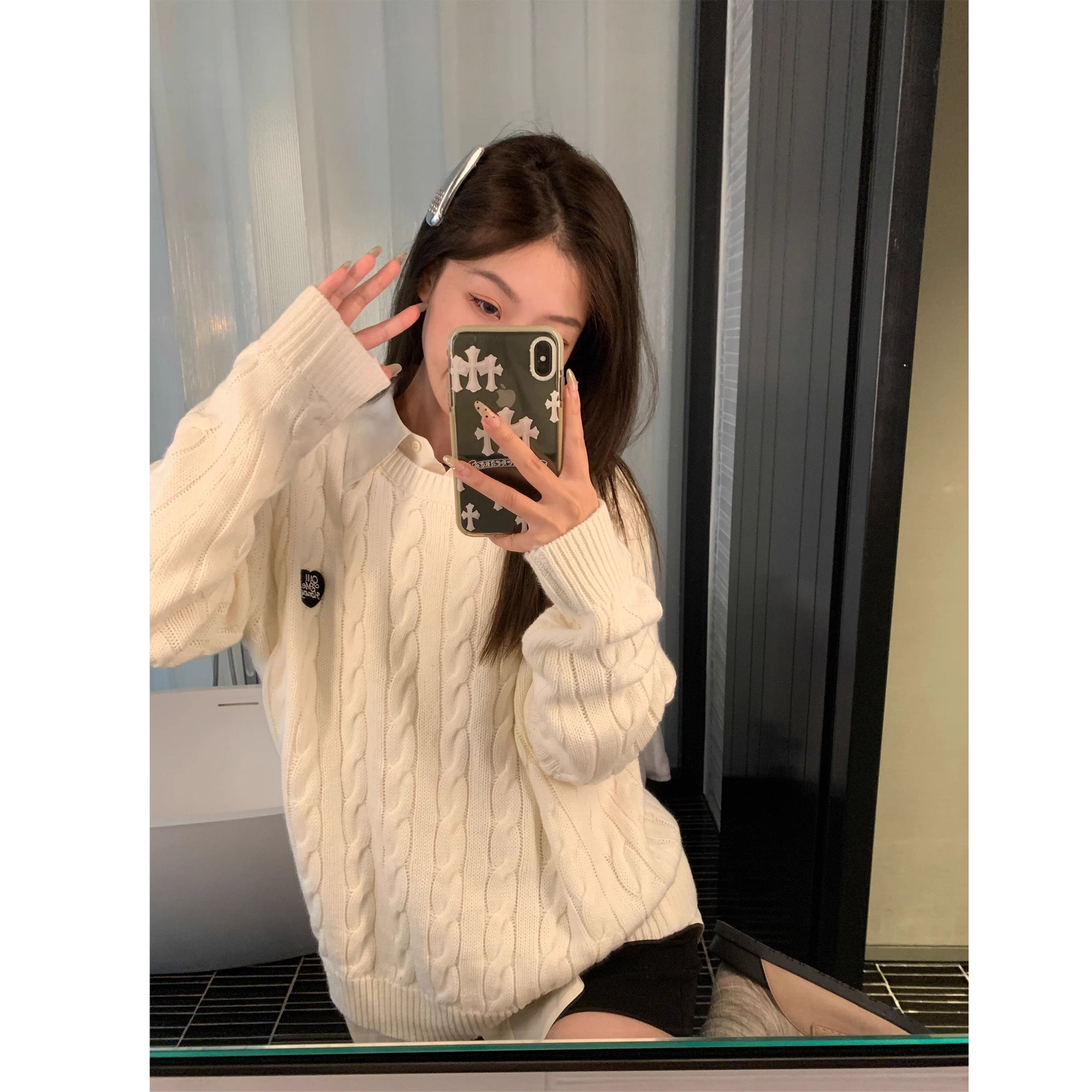 ASHENONLINE 清潭洞女高 上衣女秋冬針織衫軟糯麻花白色圓領毛衣
