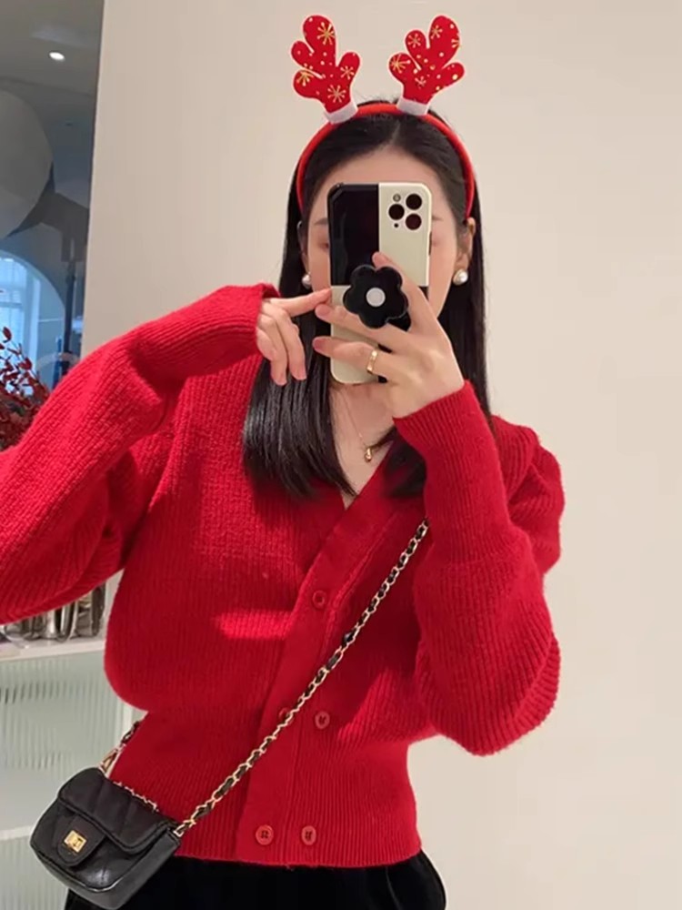 歐貨聖誕毛衣女冬季新款紅色單排扣V領加厚針織開衫短款上衣