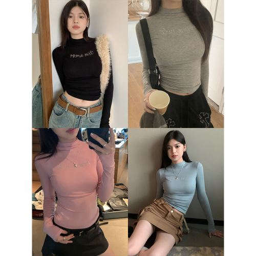 Actual shot of early autumn half-turtle collar bottoming shirt for women, American slim-fitting sweet and spicy short long-sleeved T-shirt top