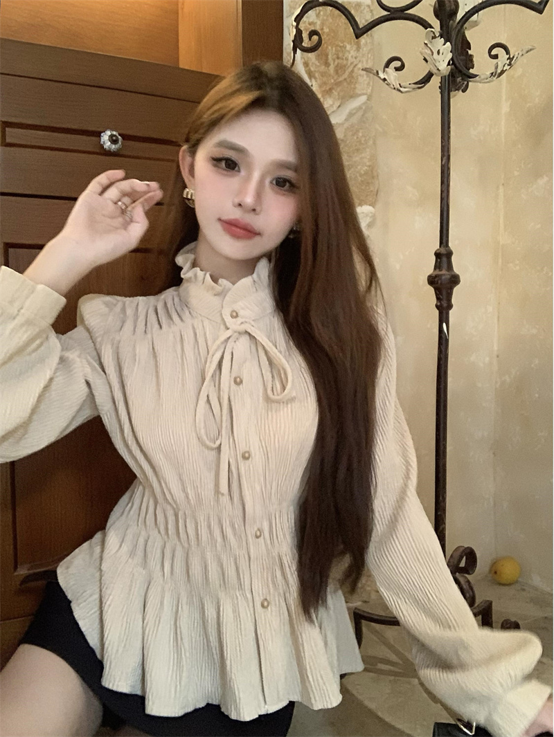 秋冬女法式復古花邊立領收腰修身長袖襯衫上衣實拍