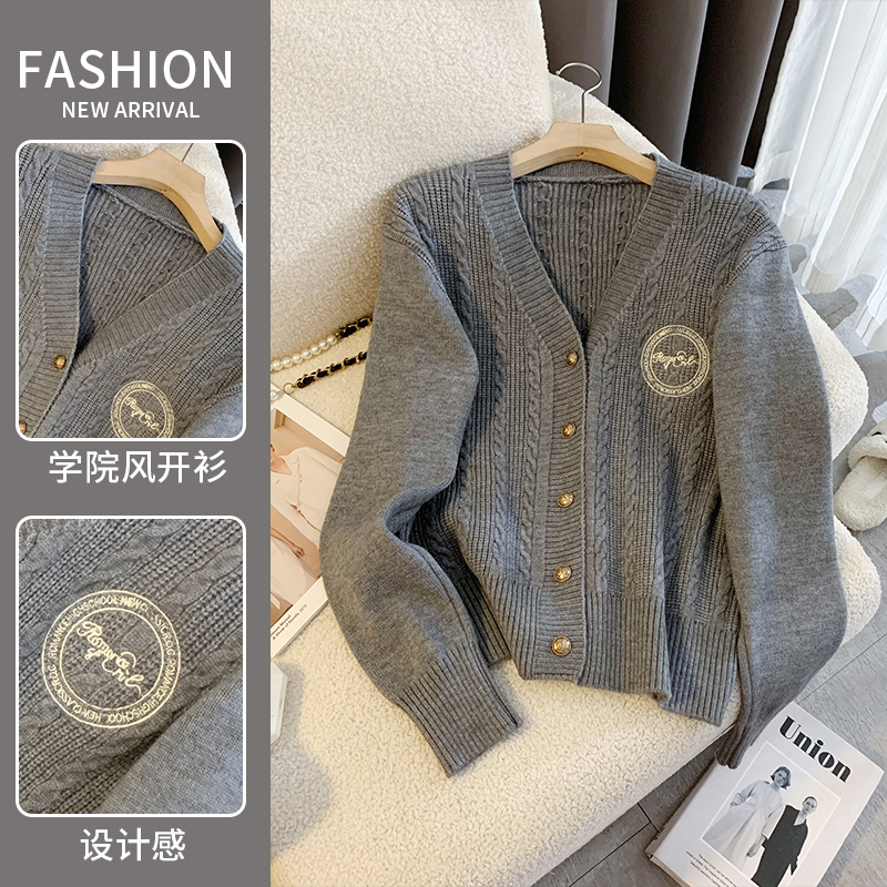 V領徽章刺繡毛衣開衫女秋冬寬鬆學院風外搭麻花長袖針織衫女上衣