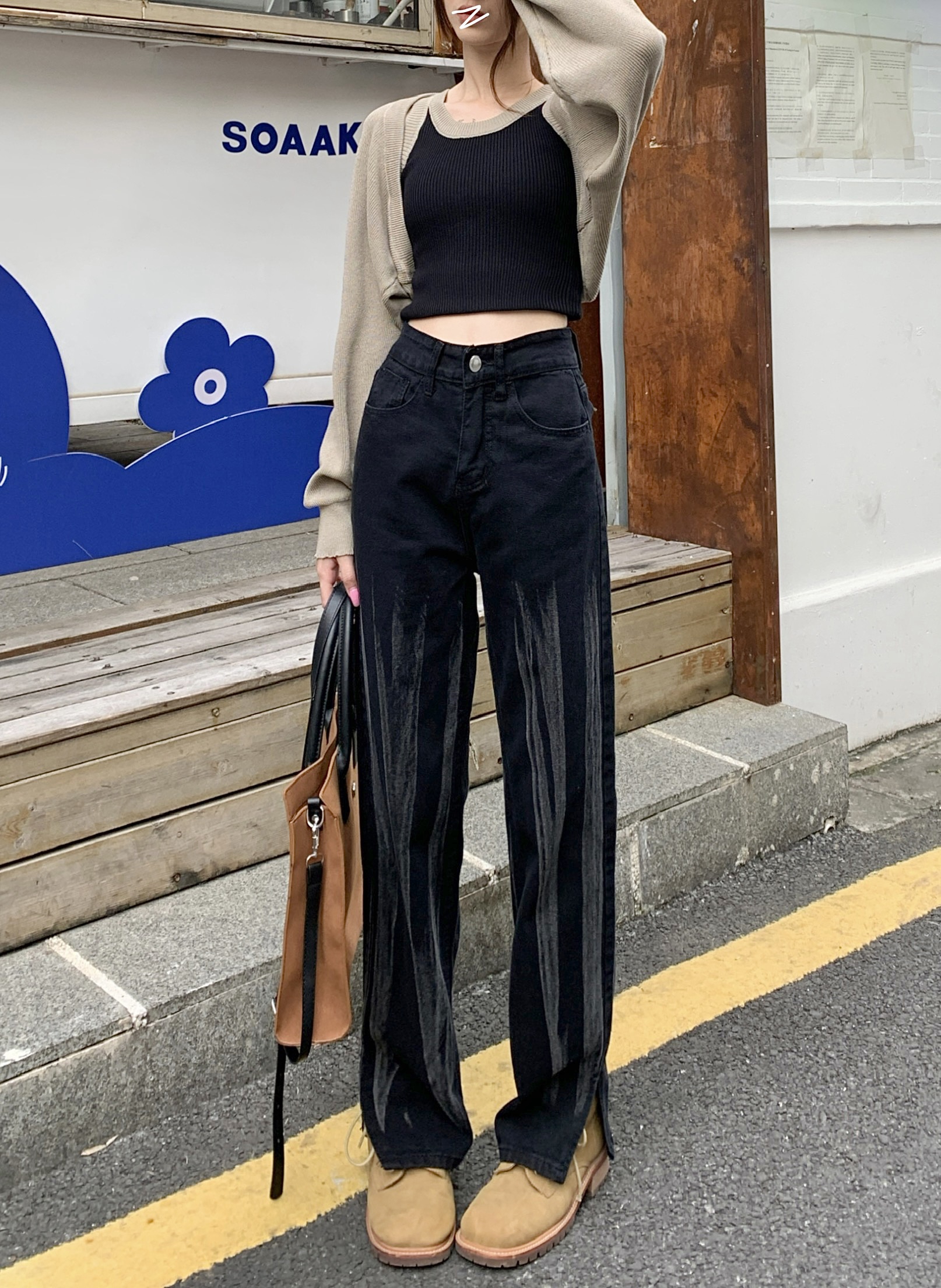 實拍！開叉扎染牛仔褲子女潮ins高街美式復古闊腿長褲
