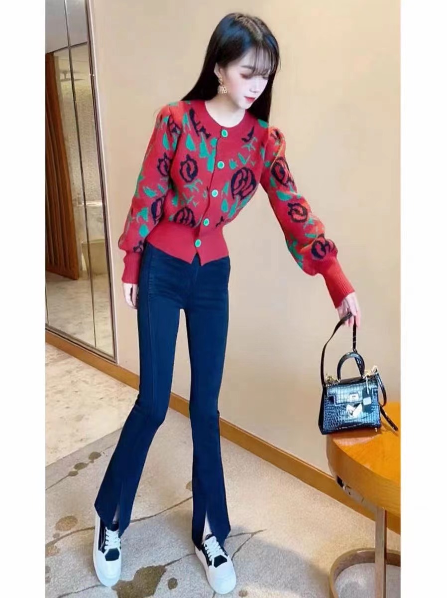 LE LART原創設計感法式赫本風拼色半高領保暖泡泡袖修身針織衫女