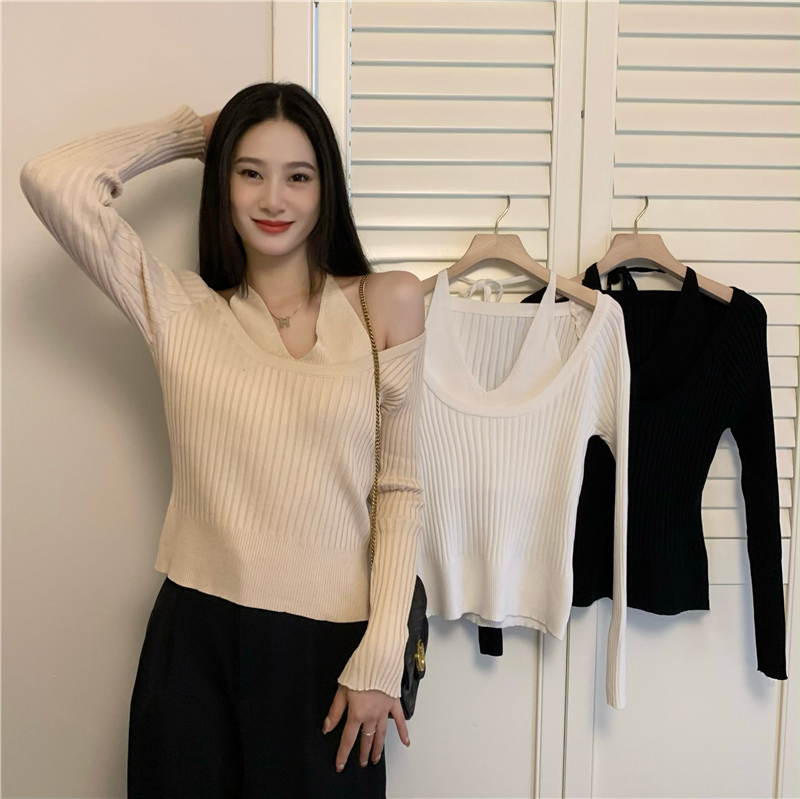 實拍 掛脖拼接吊帶假兩件長袖內搭針織打底衫T恤上衣女