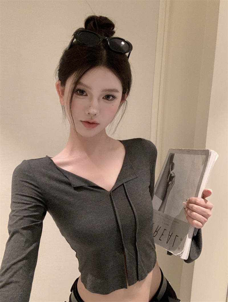 實拍~深灰色微喇純欲T恤女秋季修身顯瘦辣妹緊身上衣
