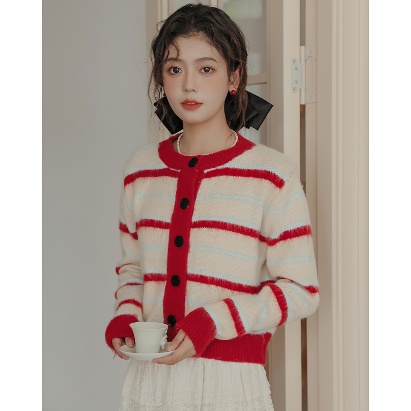 不低於79實拍溫柔甜美韓系紅色條紋短款針織毛衣開衫