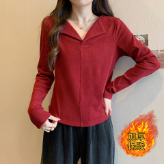 Photographed 2023 Autumn/Winter New Fat MM Matchable Slimming Thick Warm Hidden Tricks Square Shoulder Base T-shirt Top
