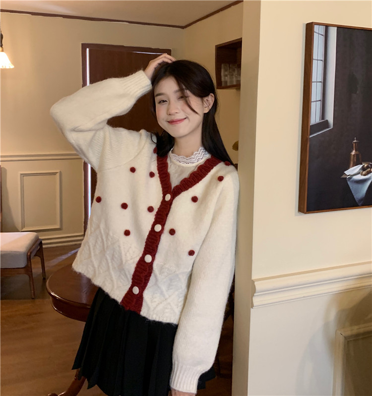 韓國秋冬新款小香風花邊V領毛衣撞色洋氣減齡長袖針織開衫女