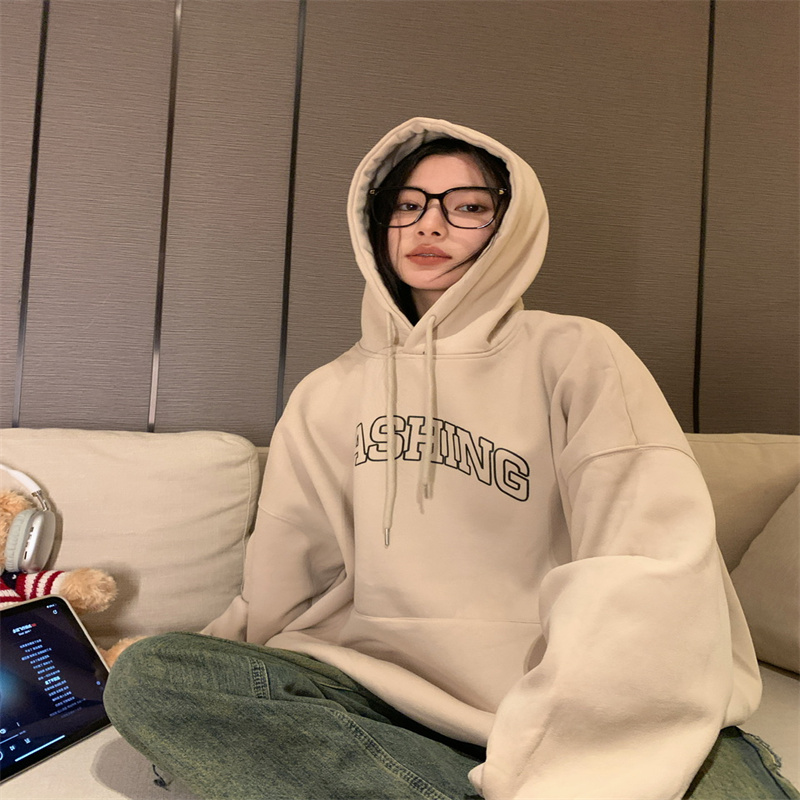 加絨加厚連帽衛衣女秋冬新款美式字母印花寬鬆大碼中長款長袖上衣