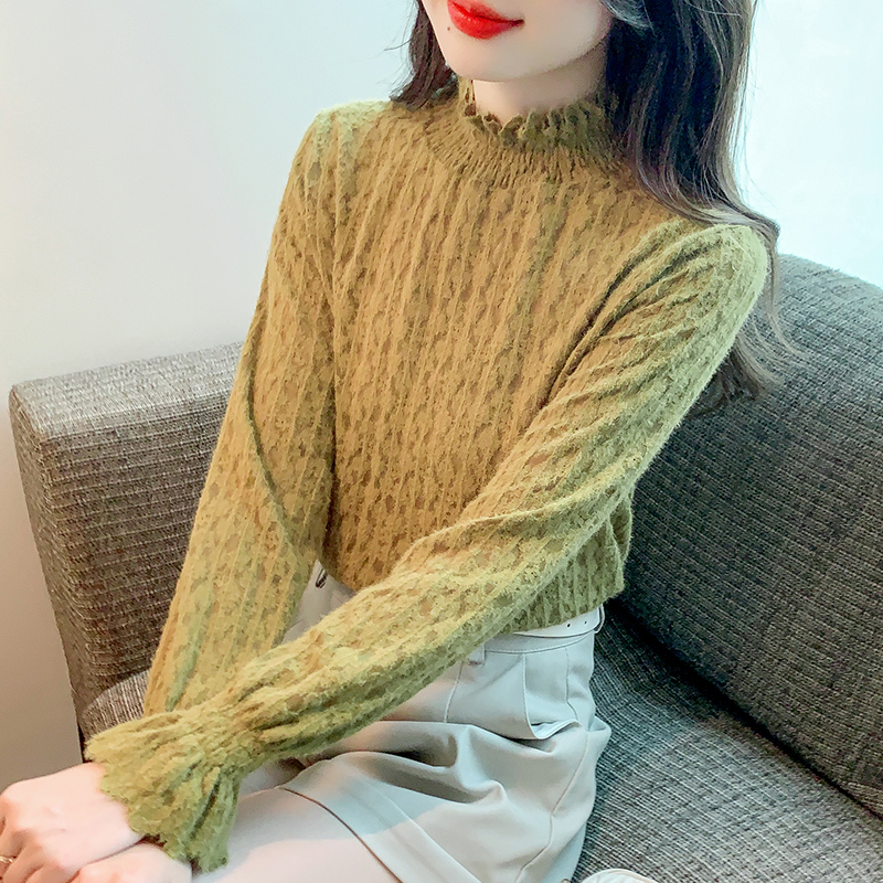 已出貨 2023秋冬新款半高領磨毛蕾絲打底衫女洋氣內搭小衫上衣