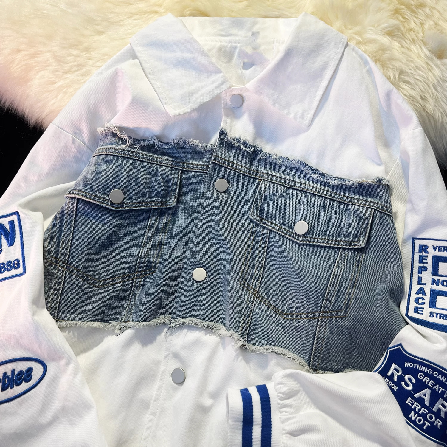 美式復古拼接牛仔棒球服oversize高街設計感小眾外套女
