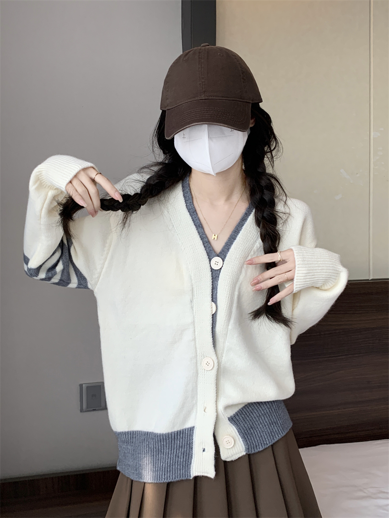 實拍 新款假兩件v領針織開衫寬鬆慵懶風撞色毛衣設計感小眾上衣