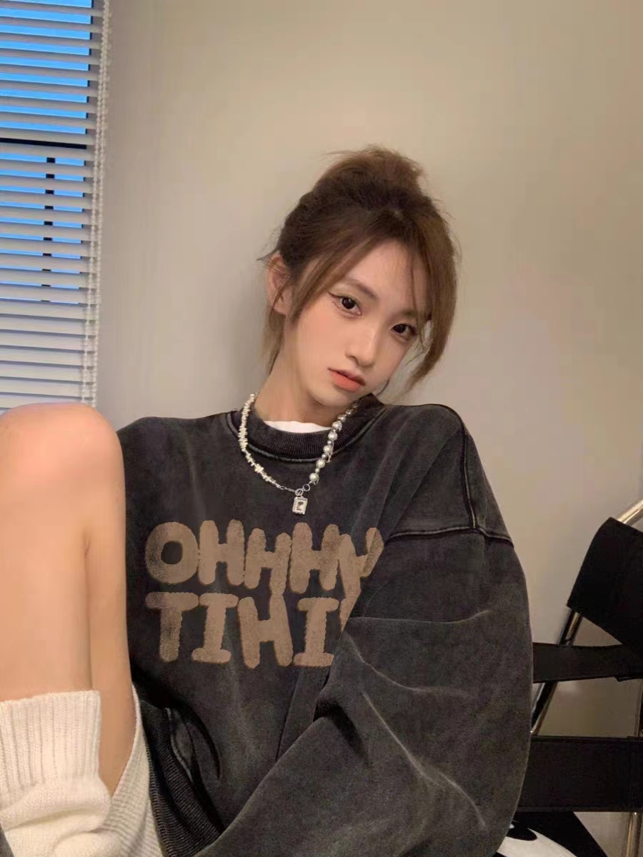 水洗灰純棉美式衛衣oversize小眾高街潮牌ins春秋寬鬆慵懶上衣女