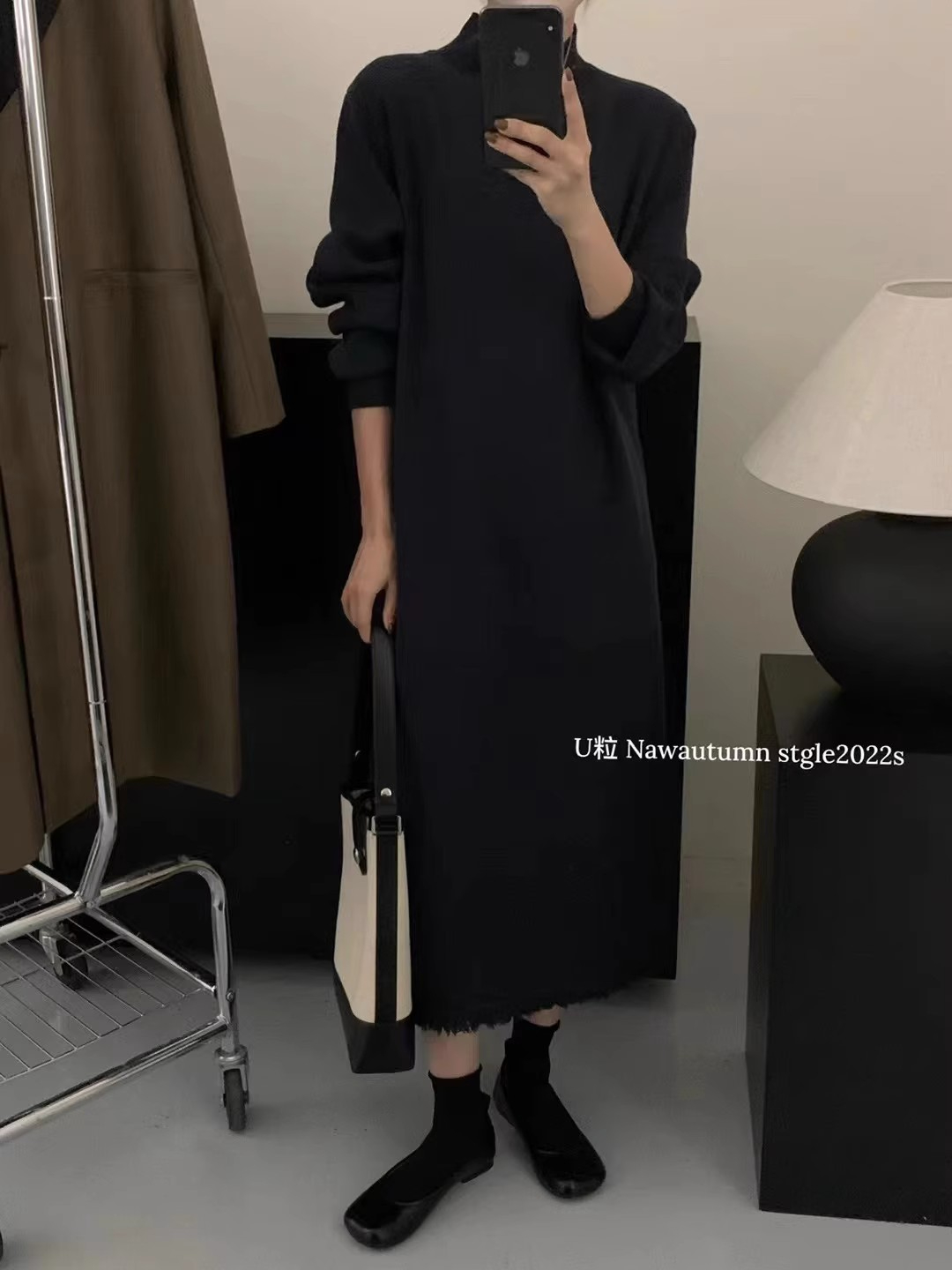 韓代流蘇針織連衣裙女秋冬慵懶寬鬆中長款過膝毛衣裙打底長裙內搭