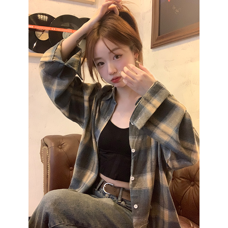 實拍 美式復古格子襯衫女秋季新款休閒百搭中長款上衣