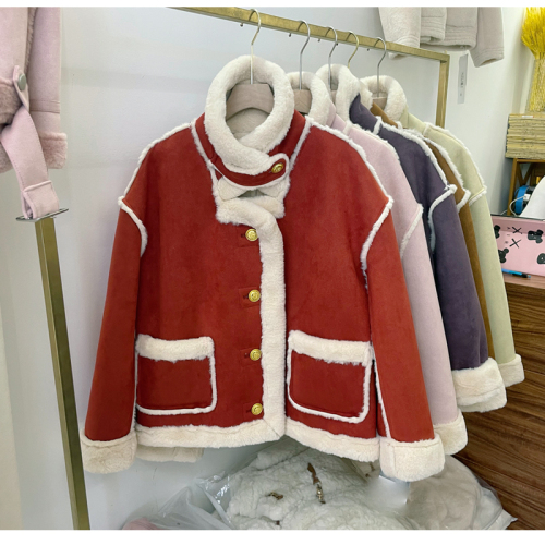 Pink lambswool jacket for women short winter fur all-in-one  new style Korean style thickened cotton coat trendy for small people