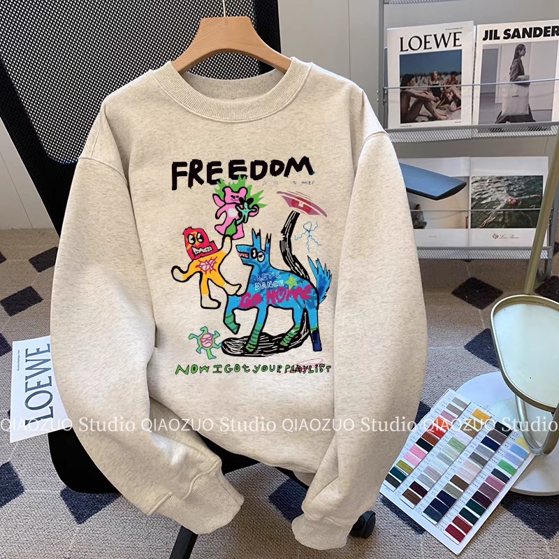 美式加絨加厚卡通衛衣女秋冬寬鬆慵懶風設計感小眾圓領套頭外套潮