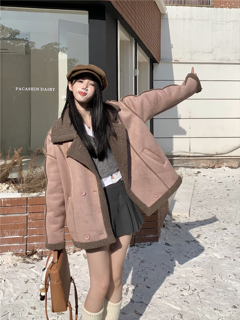 實拍 秋冬新款韓版洋氣立領寬鬆皮毛一體羊羔毛機車服外套女