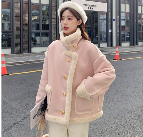 Pink lambswool jacket for women short winter fur all-in-one  new style Korean style thickened cotton coat trendy for small people