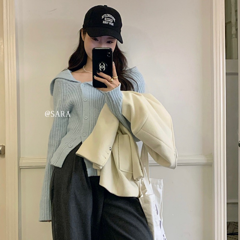 純欲大翻領露肩毛衣女秋冬法式不規則修身打底針織開衫鎖骨上衣