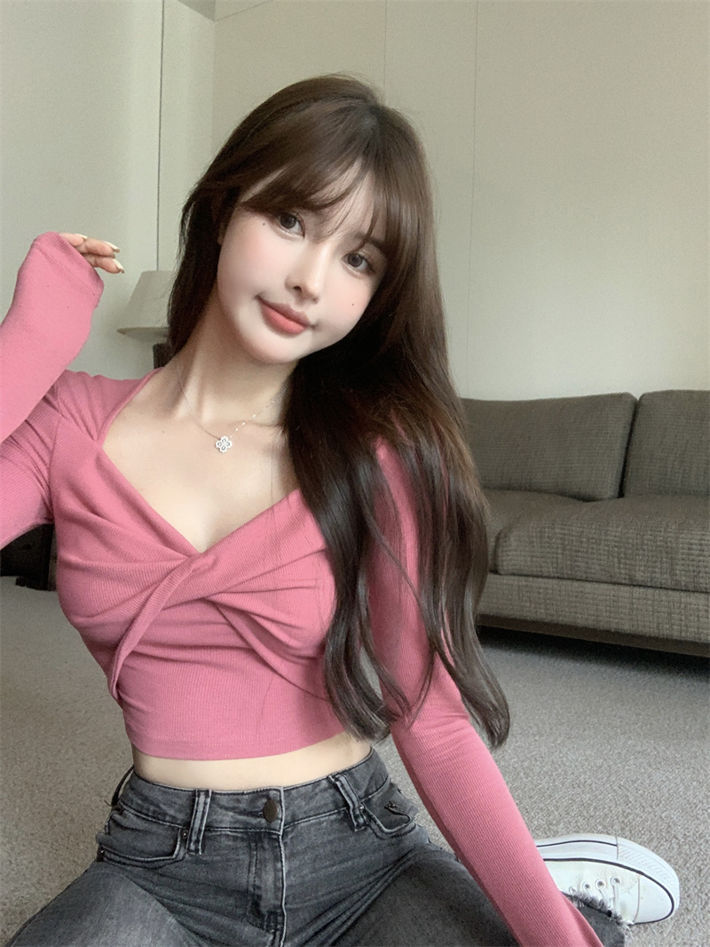 實拍 早秋時尚氣質修身百搭長袖上衣女