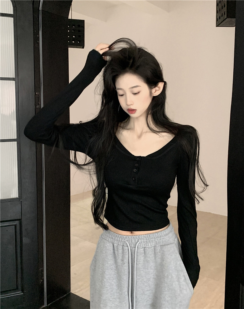 實拍~純欲性感方領長袖正肩T恤女秋季修身短款內搭打底衫上衣