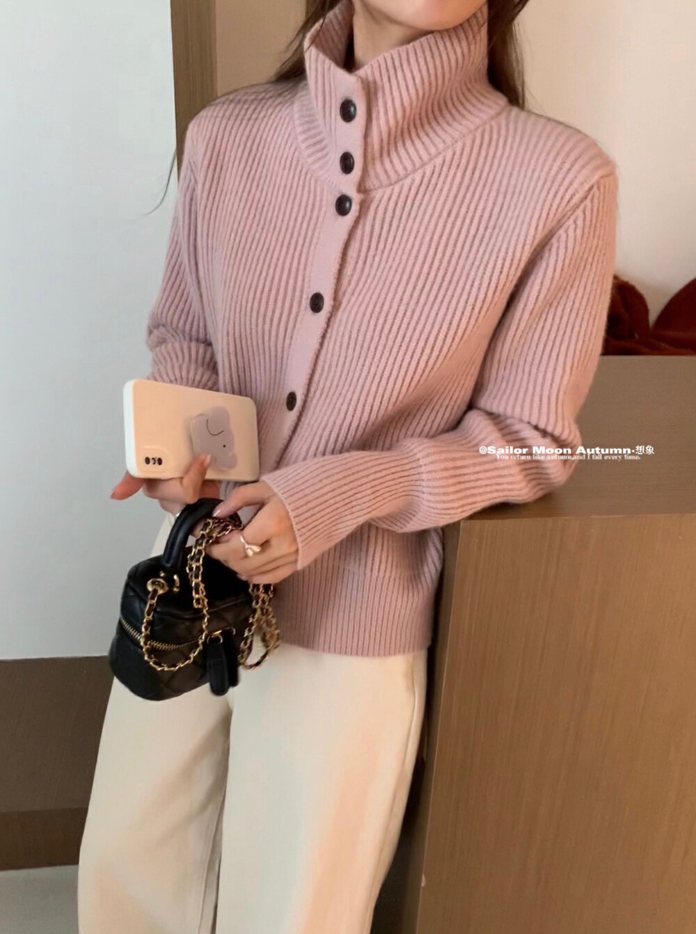 復古港風立領寬鬆百搭長袖毛衣外套女秋冬設計感小眾坑條針織開衫