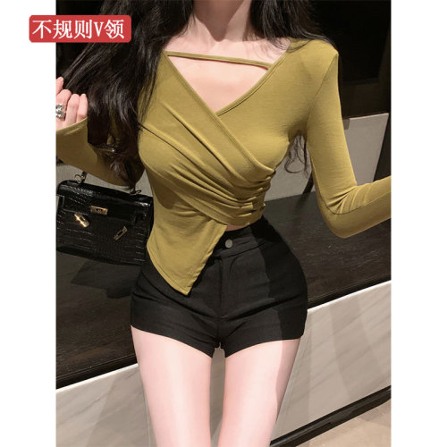 Irregular design cross v-neck long-sleeved T-shirt for women  autumn hot girl bottoming shirt waist slimming top