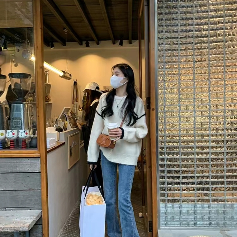 設計感撞色圓領毛衣女秋季2023新款別致慵懶風寬鬆軟糯長袖針織衫