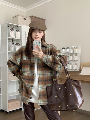 Real shot~Women's woolen shirt long-sleeved Korean style new chic casual shirt jacket trend