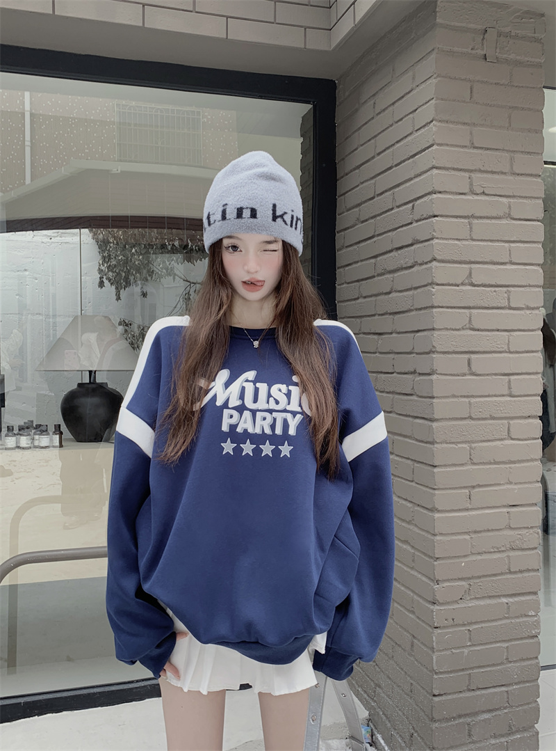 實拍嬰兒絨衛衣女美式復古秋冬2023加絨加厚撞色印花寬鬆長袖上衣