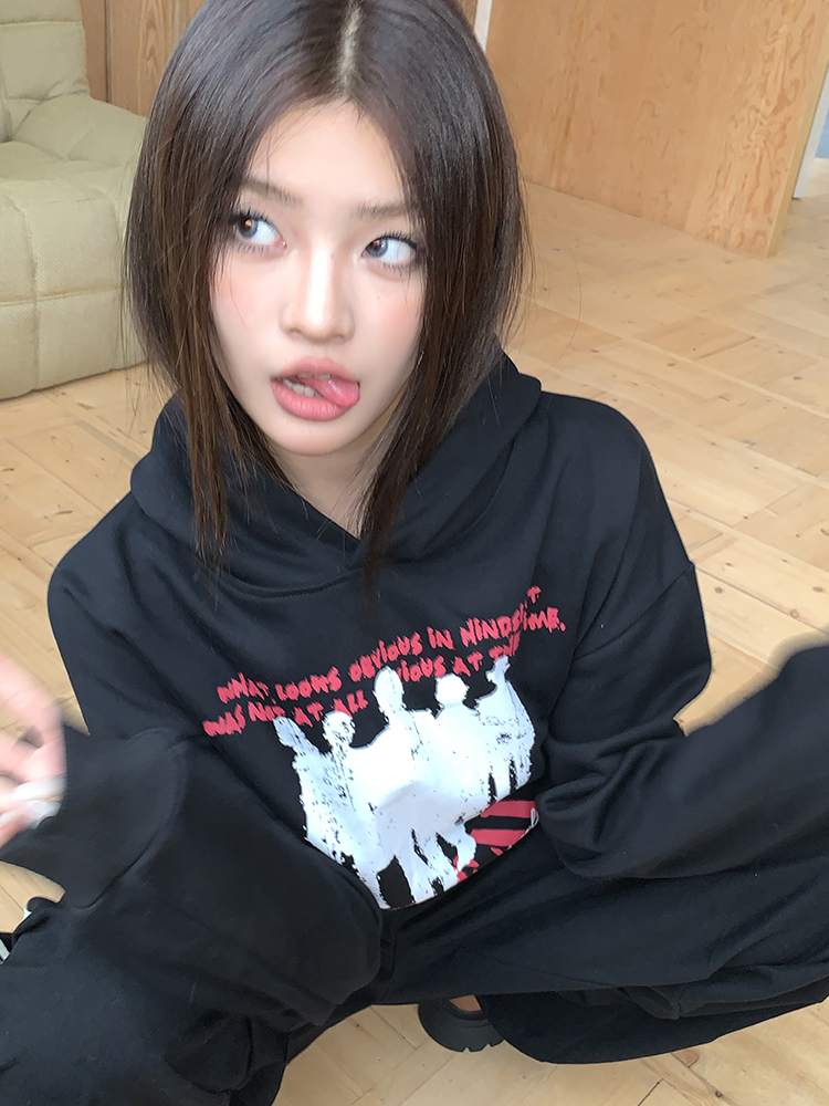 實拍2023冬裝新款美式hiphop衛衣女加絨人像印花休閒連帽情侶上衣