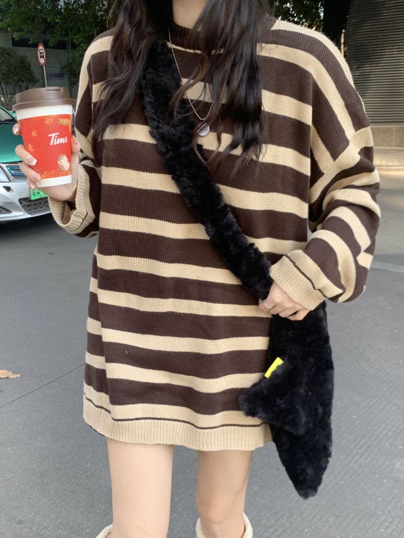 實拍三標齊美拉德穿搭復古撞色條紋圓領毛衣