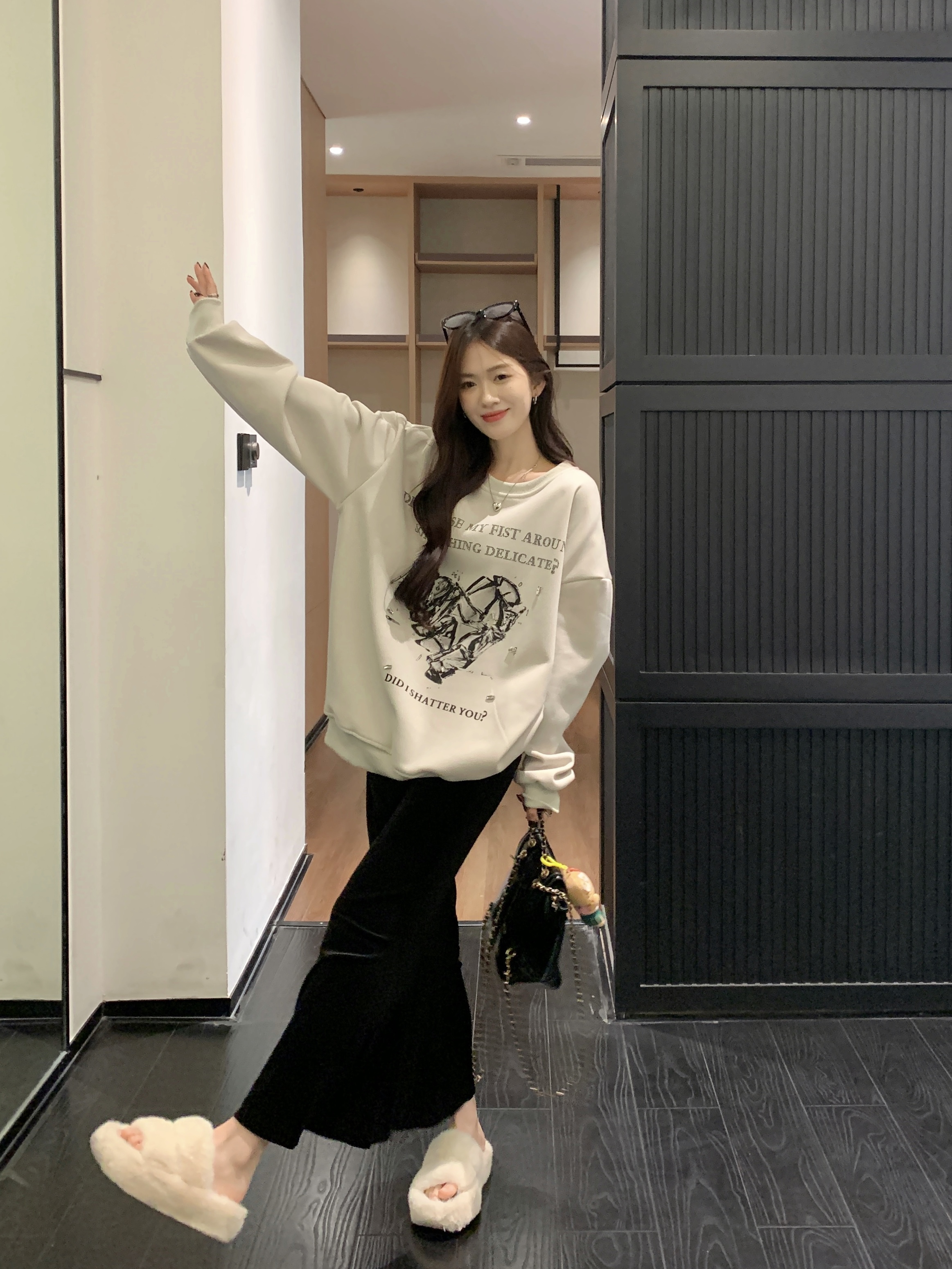 實拍加絨加厚衛衣女秋冬復古美式重工印花寬鬆中長款長袖上衣
