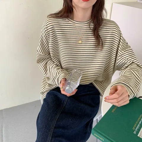 條紋秋季女裝薄款寬鬆圓領長袖t恤