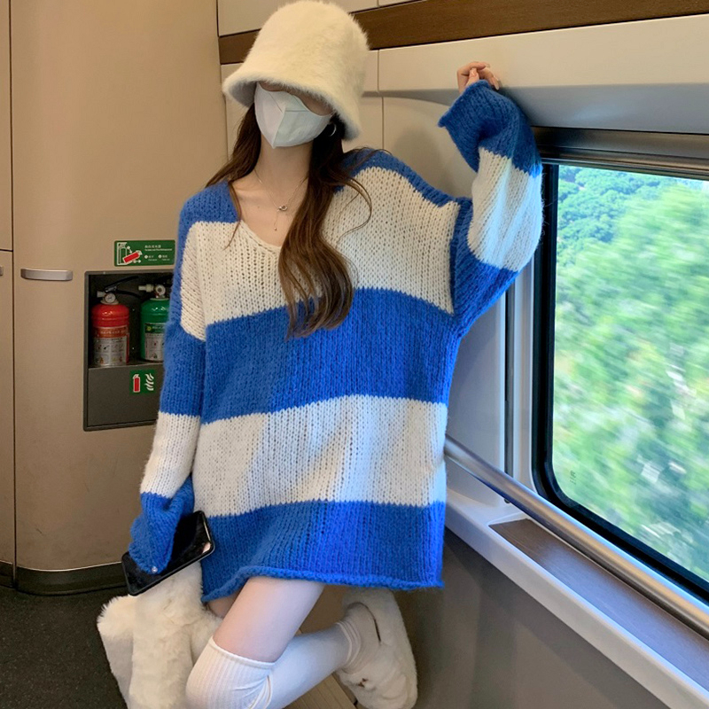 慵懶風毛衣女春秋冬外穿高級感寬鬆小個子中長款V領針織上衣冬季