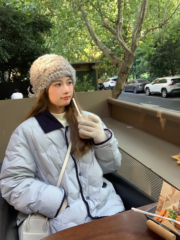 烏77軟乎乎減齡撞色羽絨服女拼接燈芯絨翻領寬鬆保暖外套秋冬