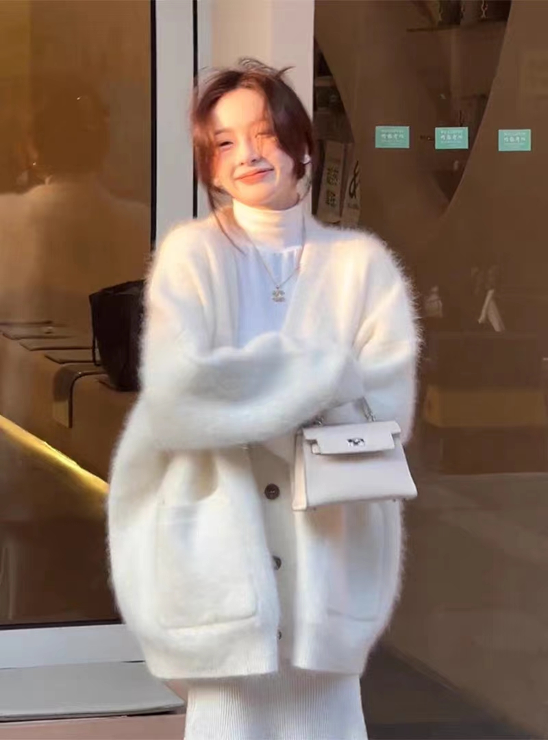 白色水貂絨韓版軟糯糯毛衣女秋冬新款寬鬆慵懶外穿開衫針織外套厚