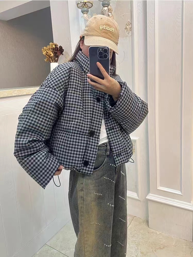 千鳥格棉服女短款新款小眾設計小個子加厚麵包服保暖外套
