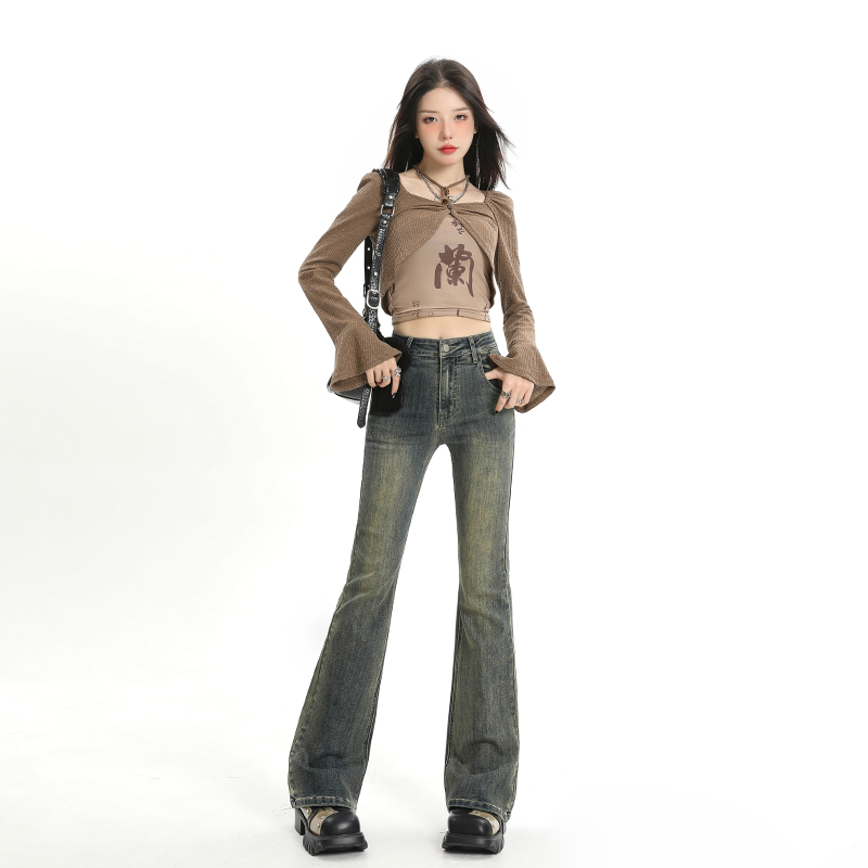 實拍秋季新款美式高街復古懷舊彈力喇叭牛仔褲女