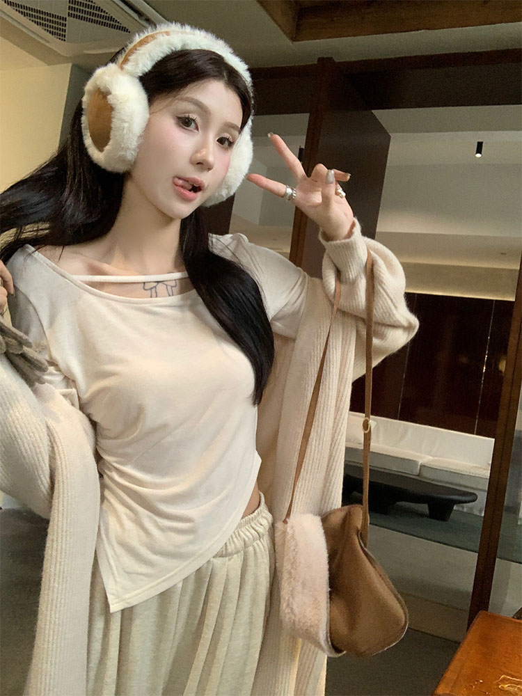 實拍 秋冬韓chic簡約氣質中長款毛衣開衫+加絨休閒褲+不規則打底