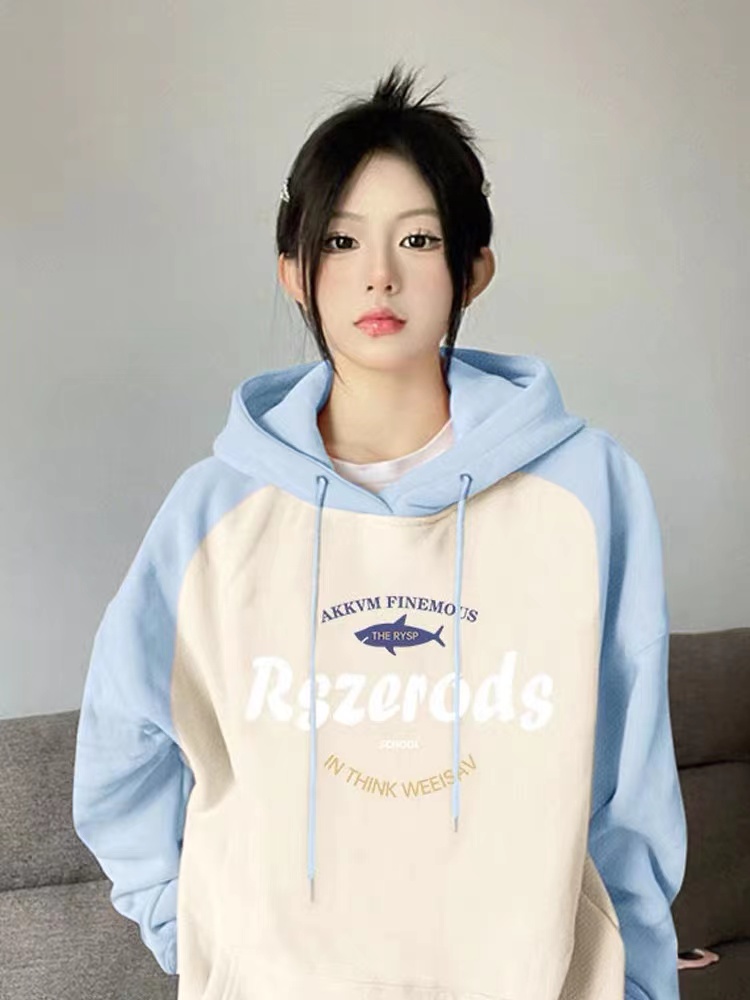 重磅！閉眼入拼接插肩連帽衛衣女2023新款加絨寬鬆小眾慵懶風外套