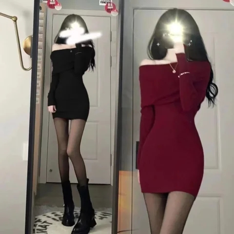 秋款女裝2023年新款高級感長袖一字肩針織連衣裙紅色包臀短裙子女