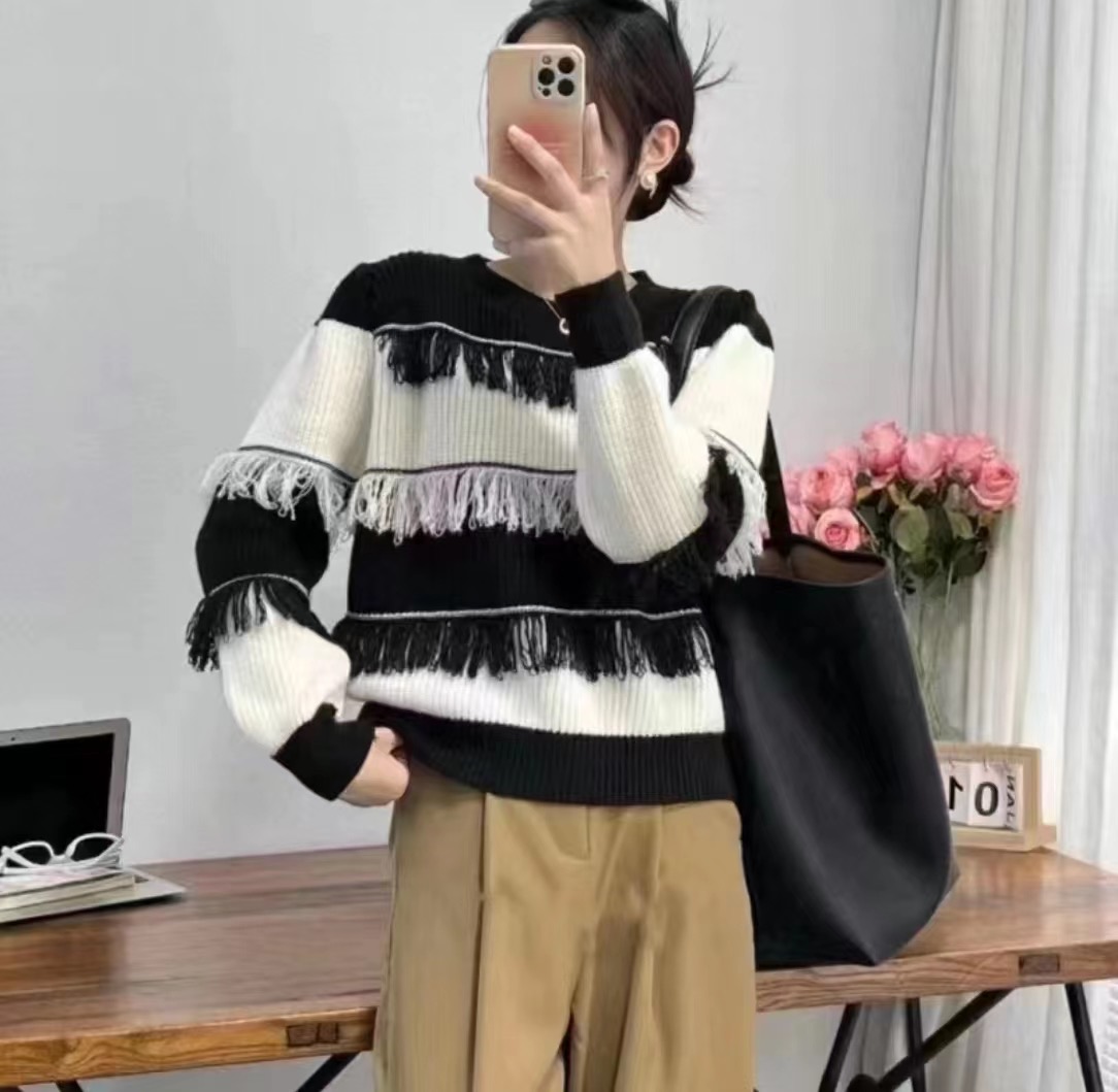學院風流蘇毛衣女 條紋針織打底衫寬鬆圓領上衣厚